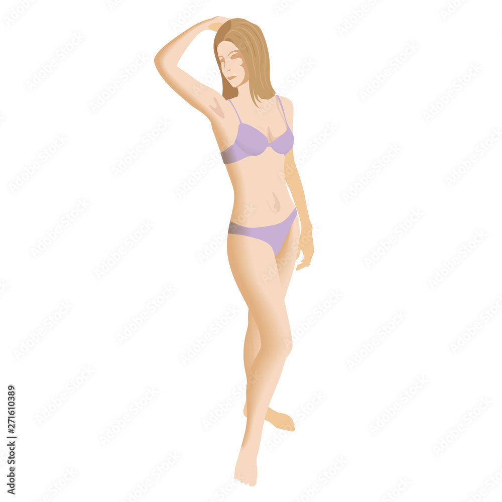 Young woman underwear bikinin holding her arm up and showing underarm, smooth clear skin. Young woman underwear bikinin holding her arm up and showing underarm, smooth clear skin.