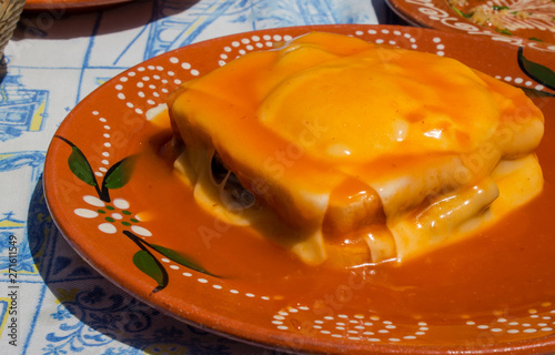 Francesinha, traditional  Portuguese sandwich originally from Porto. Close up.