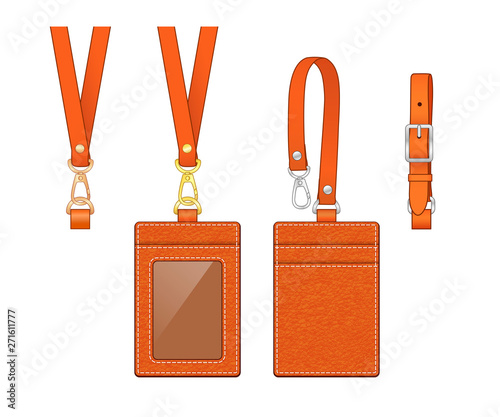 vertical name tag and neck strap, leather texture ID work badge card holder with front window/ plastic membrane shield and slot in at the back, vector illustration sketch template isolated