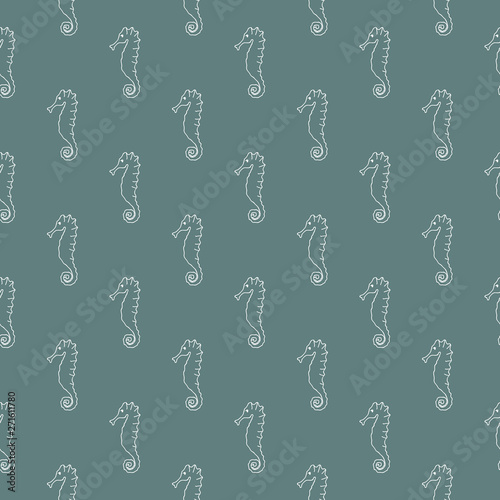 Seamless pattern from hand drawn doodle sketch line art vector illustration of white contour sea horse on gray turquoise background. Backdrop for wallpaper fabric print wrapping paper © indaflesh