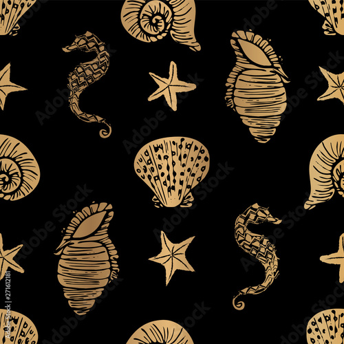 Elegant gold and black vector seahorse, starfish and seashell seamless pattern background.