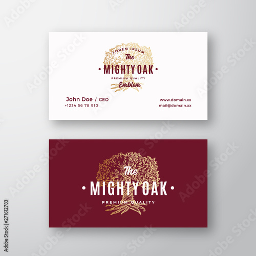 Mighty Oak Abstract Vector Logo and Business Card Template. Hand Drawn Tree Sketch Sillhouette with Retro Typography. Premium Stationary Realistic Mock Up.