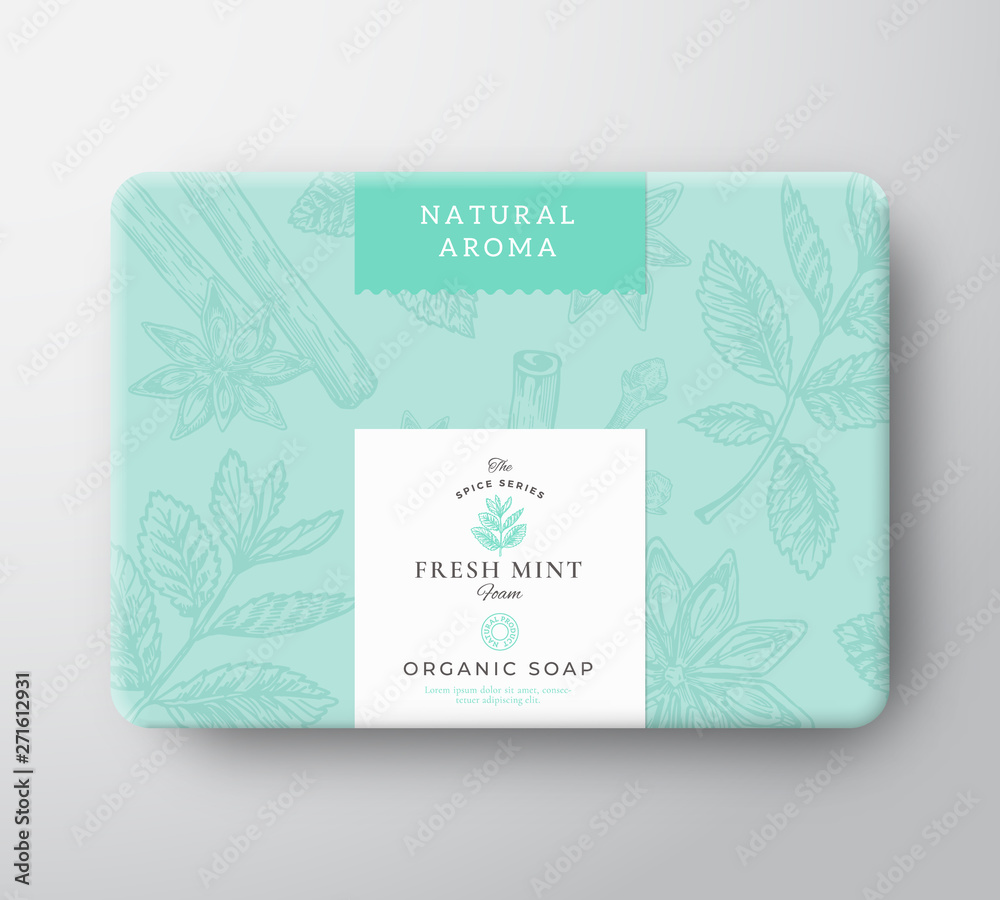 Obraz premium Mint Soap Cardboard Box. Abstract Vector Wrapped Paper Container with Label Cover. Packaging Design. Modern Typography and Hand Drawn Spices Background Pattern Layout.