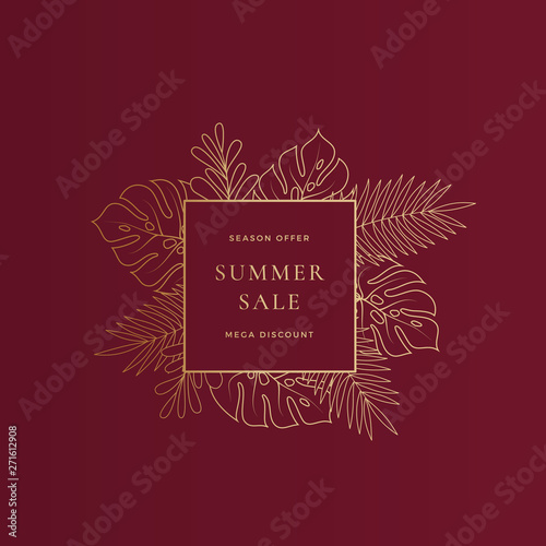 Square Monstera Tropical Leaves Summer Sale Card or Banner Template. Abstract Foliage Advertising Composition in Gold with Classic Typography. Seasonal Discount Layout.