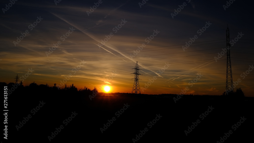 Moscow power lines at sunset