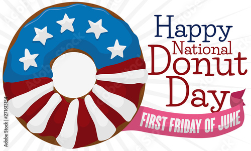 American Doughnut with Reminder Ribbon for Donut Day Celebration, Vector Illustration