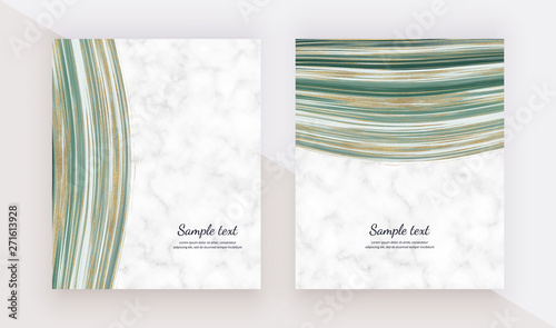 Liquid design cards with marble texture. Green with golden glitter ink painting background. Trendy templates for banner, flyer, poster, save the date, greeting