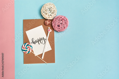Back to school, school supplies, blue and pink