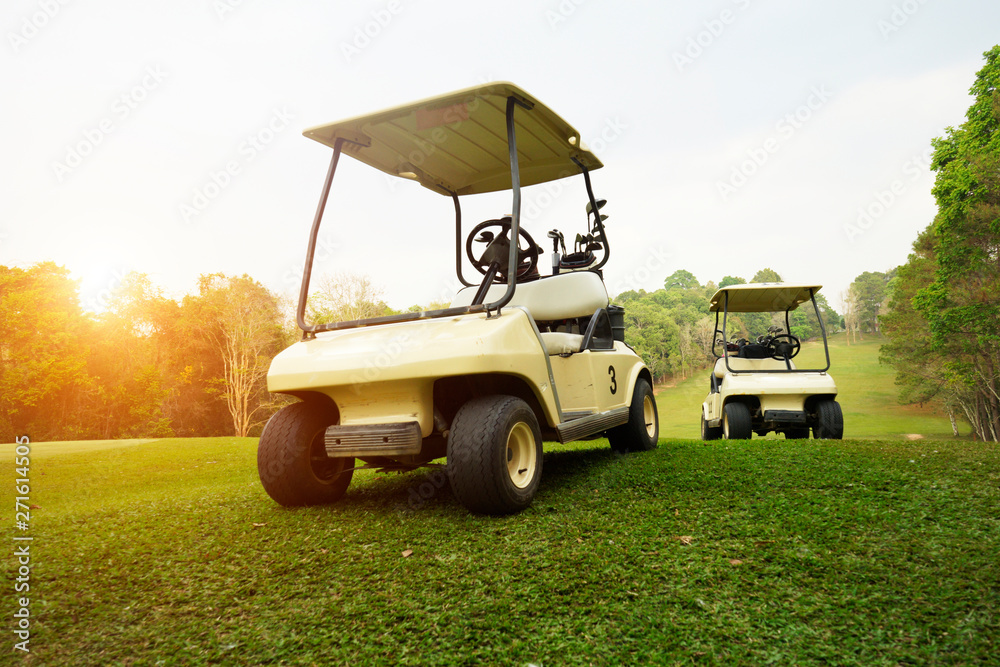 Golf cart on fairway in golf course.