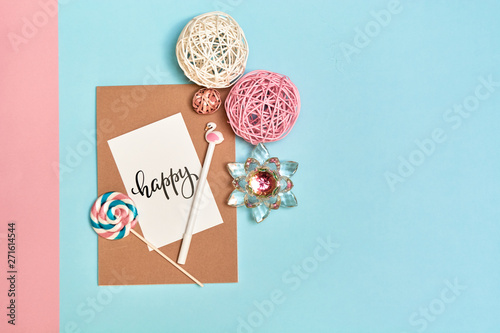 Back to school, school supplies, blue and pink