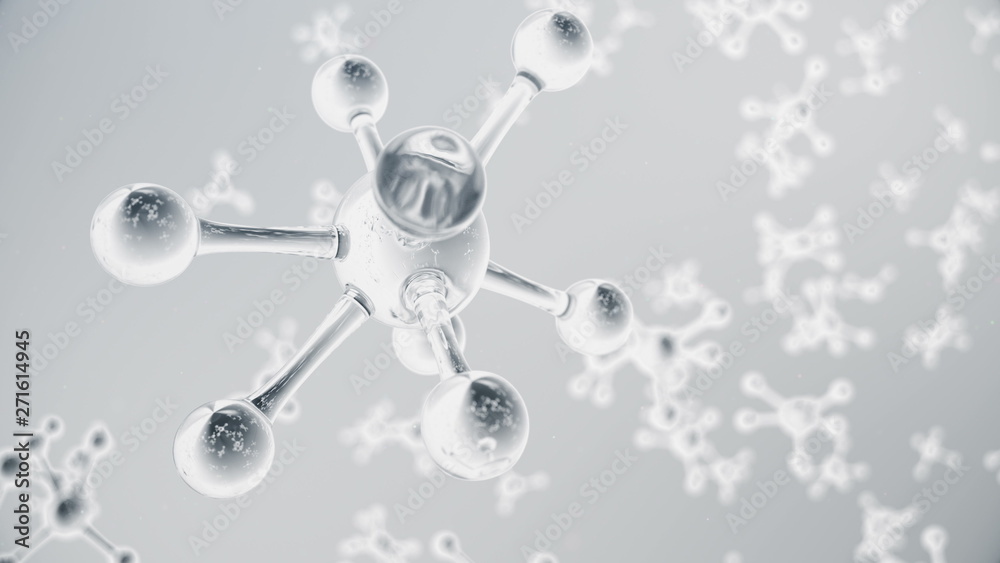 3D rendering molecule structure. Scientific medical background with atoms and molecules. Grey background. Scientific animation for your banner, text. Molecule consists of atoms chemical element