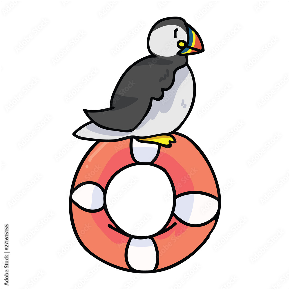 Naklejka Cute puffin sitting on lifering cartoon vector illustration. Hand drawn nautical seabird isolated elements. Clipart for life guard blog. Safety graphic, avian web buttons.