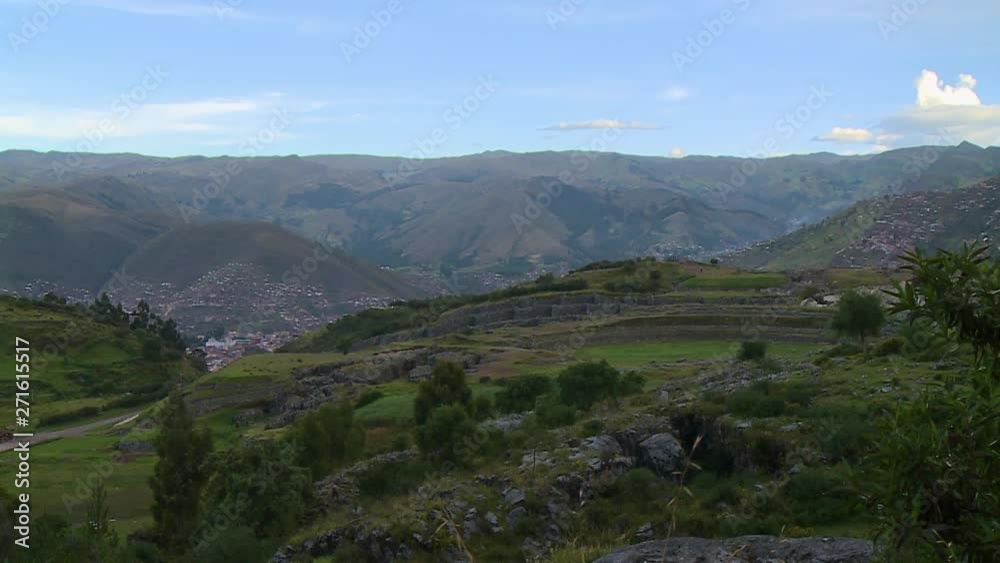 Wide still high-angle view of Cusco City and its mountain ranges and valley from Incan wall ruins, Andes Peru Wide still high-angle view of Cusco City and its mountain ranges and valley from Incan wall ruins, Andes Peru