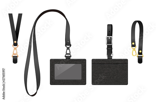 Horizontal name tag and neck strap, leather texture ID work badge card holder with front window/ plastic membrane shield and slot in at the back, vector illustration sketch template isolated
