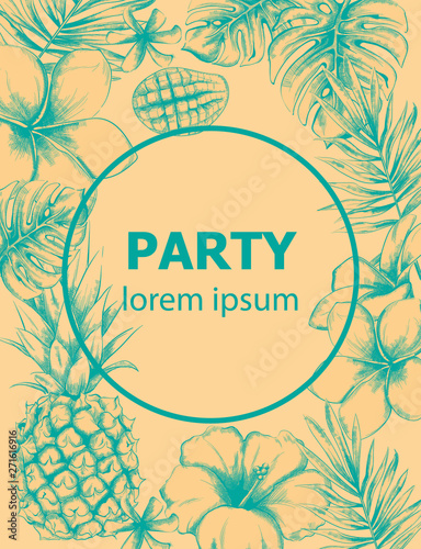 Pineapple and tropic flowers summer poster Vector line arts