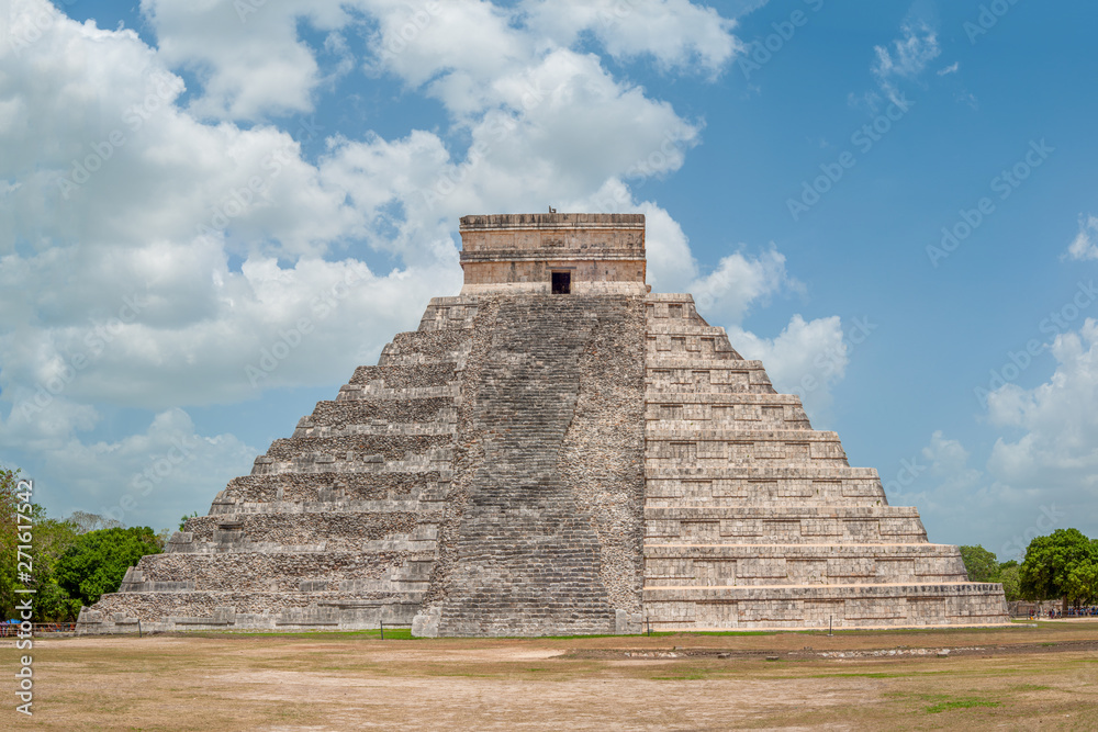 Shooting of the Mayan Pyramid of Kukulkan, known as El Castillo, classified as Structure 5B18, with visible the restored side and the original side, in the archaeological area of Chichen Itza