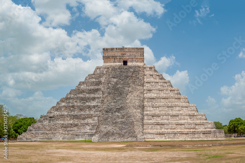 Shooting of the Mayan Pyramid of Kukulkan  known as El Castillo  classified as Structure 5B18  with visible the restored side and the original side  in the archaeological area of Chichen Itza