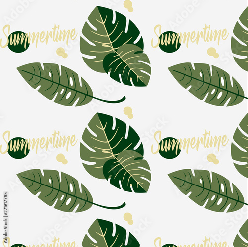 Summer tropic background pattern with ecotic plants: fern and monstera leaves