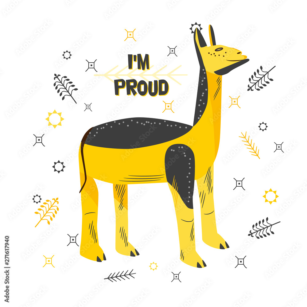Cartoon character of a proud lama. Cute animal of yellow-black color with a  satisfied facial expression. Inscription - I am Proud. Flat style vector  illustration isolated on white background Stock Vector |