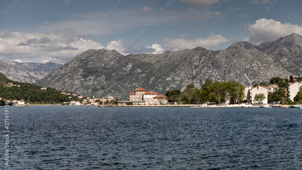 Montenegro - Panoramic view of coastal villages Dobrota and Prčanj in the Kotor Bay