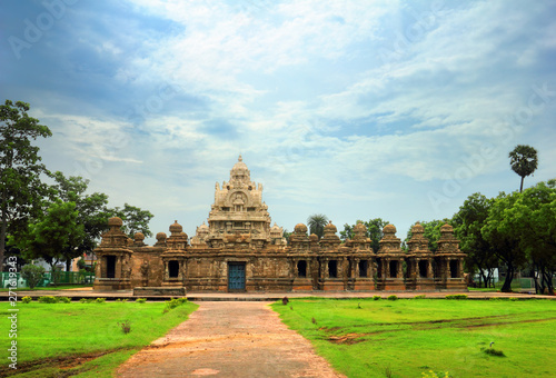 Beautiful scenic view of ancient Hindu Kailasanathar Temple (popular tourist and pilgrim attraction) against the background of cloudy blue sky in Kanchipuram, Tamil Nadu, Southern India