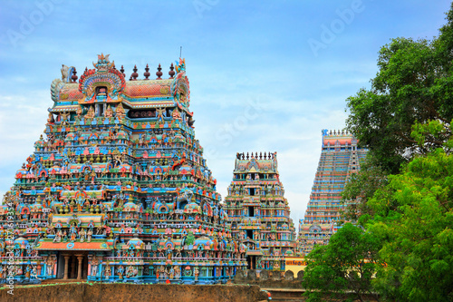 Beautiful Gopuras in the Hindu Jambukeswarar Temple in Trichy (Tiruchirappalli, Tiruchy), Tamil Nadu, South India photo
