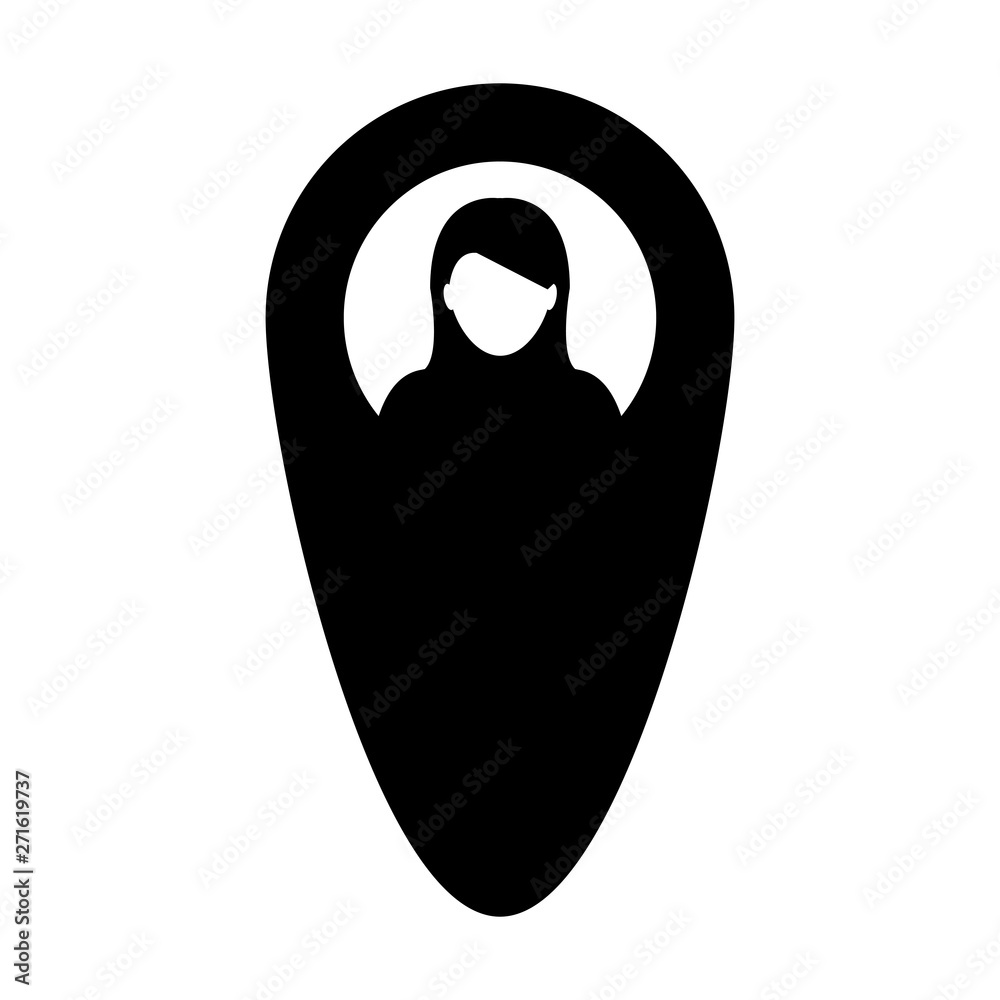 Marker icon vector female user person profile avatar with location map pin symbol in flat color glyph pictogram illustration Marker icon vector female user person profile avatar with location map pin symbol in flat color glyph pictogram illustration