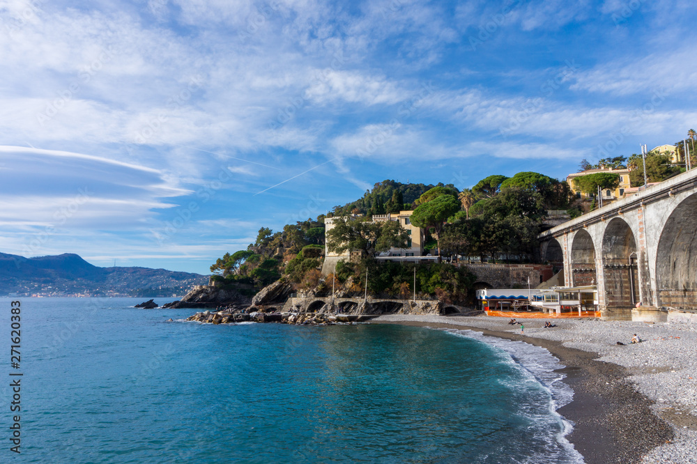 view of beach and cape in Zoagli, Genoa, Italy