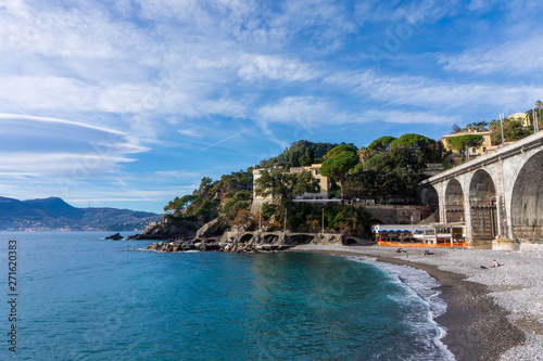 view of beach and cape in Zoagli, Genoa, Italy