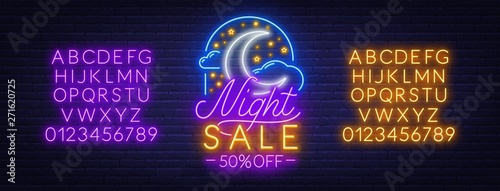 Night sale neon sign on a brick wall background. Light banner with moon, clouds and stars. Neon alphabet. Template for a discount.