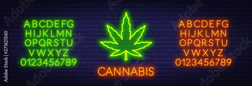 Cannabis neon sign on brick wall background. Vector illustration.