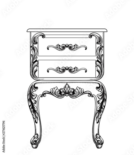 Baroque mirror and nightstand Vector line art. Ornamened decor designs
