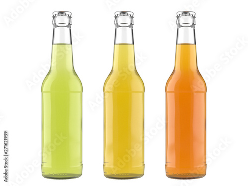 12 oz glass bottles Long Neck with lime, lemon and orange drinks. Isolated 3D render on a white.