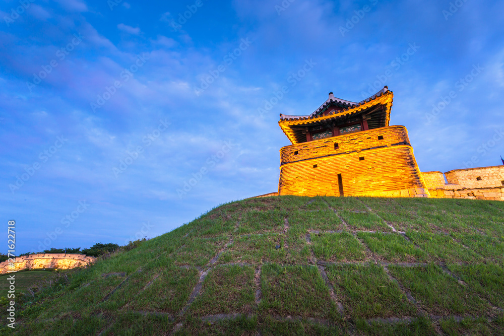 Hwaseong Fortress after Sunset, Traditional Architecture of Korea at Suwon, South Korea.