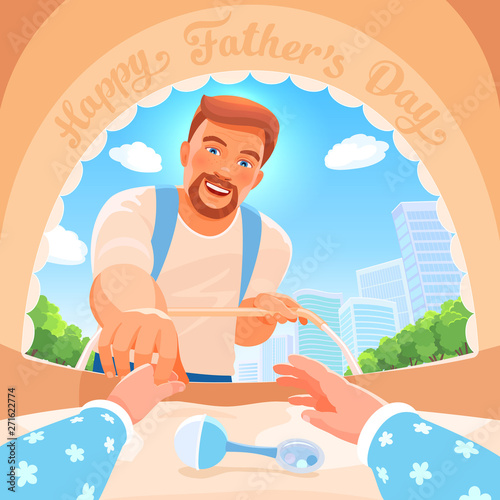 Happy Father's Day. Vector image. Bearded daddy is pushing a pram on a summer street. Smiling man leans over and touches the fingers of his baby. First person point of view from the eyes of a newborn