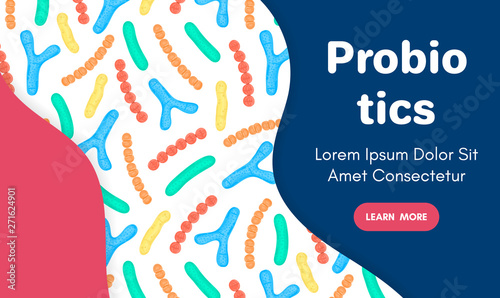 Vector background with probiotics. Bifidobacterium, lactobacillus, streptococcus thermophilus, lactococcus, propionibacterium. Landing page template, banner, mailing, advertising, label, presentation