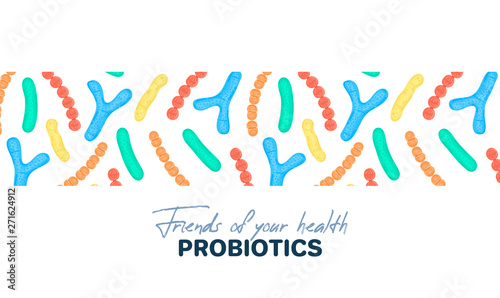 Vector background with probiotics. Bifidobacterium, lactobacillus, streptococcus thermophilus, lactococcus, propionibacterium. Landing page template, banner, mailing, advertising, label, presentation