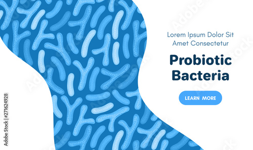 Vector background with probiotics. Bifidobacterium, lactobacillus. Lactic acid bacterium. Microbiome. Medicine or dietary supplement. Landing page, banner, mailing, advertising, label, presentation