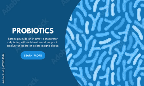 Vector background with probiotics. Bifidobacterium, lactobacillus. Lactic acid bacterium. Microbiome. Medicine or dietary supplement. Landing page, banner, mailing, advertising, label, presentation