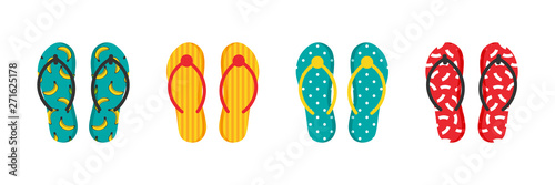 Set, collection of colorful cartoon flip flops with ornaments, patterns for summer design.
