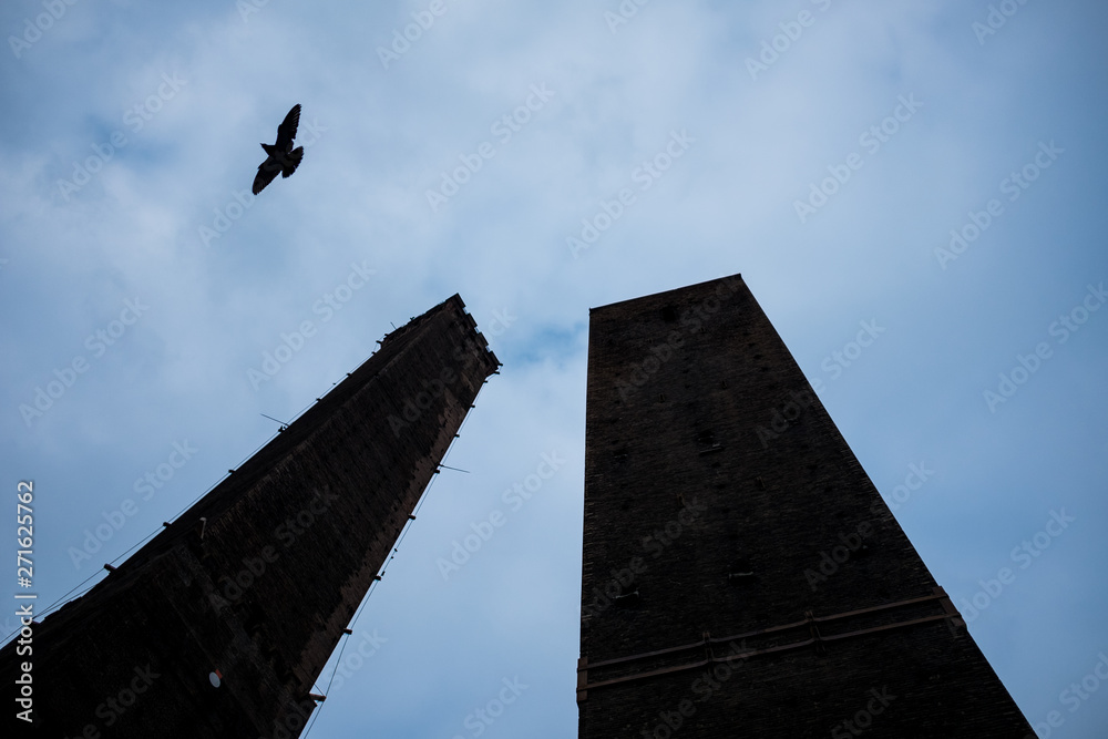 dark and moody different view of garisenda and asinelli medieval leaning towers from down below with creepy bird passing by on a cloudy day dark and moody different view of garisenda and asinelli medieval leaning towers from down below with creepy bird passing by on a cloudy day