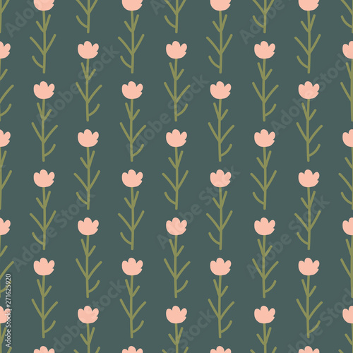 Simple linear flowers seamless pattern. Cute pink garden flowers doodle on a natural green background. Great print for textiles, kids clothing, wallpaper, home decor and fashion accessories. Vector.