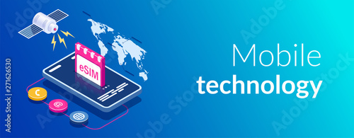 eSIM card chip sign. Embedded SIM concept. New mobile communication technology. Satellite on world map background. Can use for web banner, infographics, hero images. Isometric vector illustration.