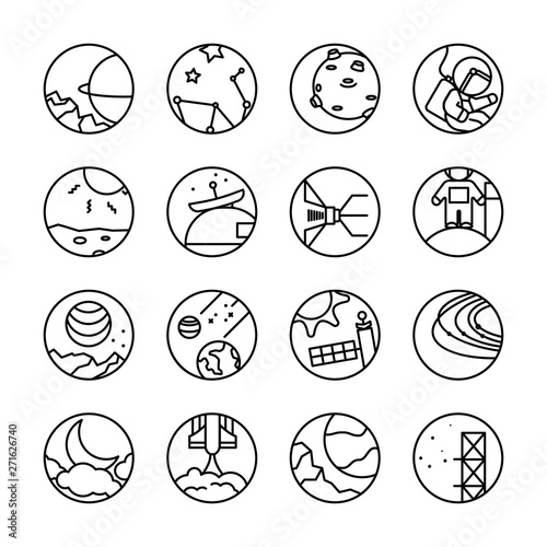 set of planet vector icons, space, astronomy, logo in circle, sign, symbol, thin line art