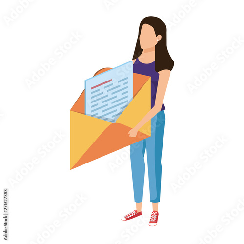 young woman lifting envelope mail send
