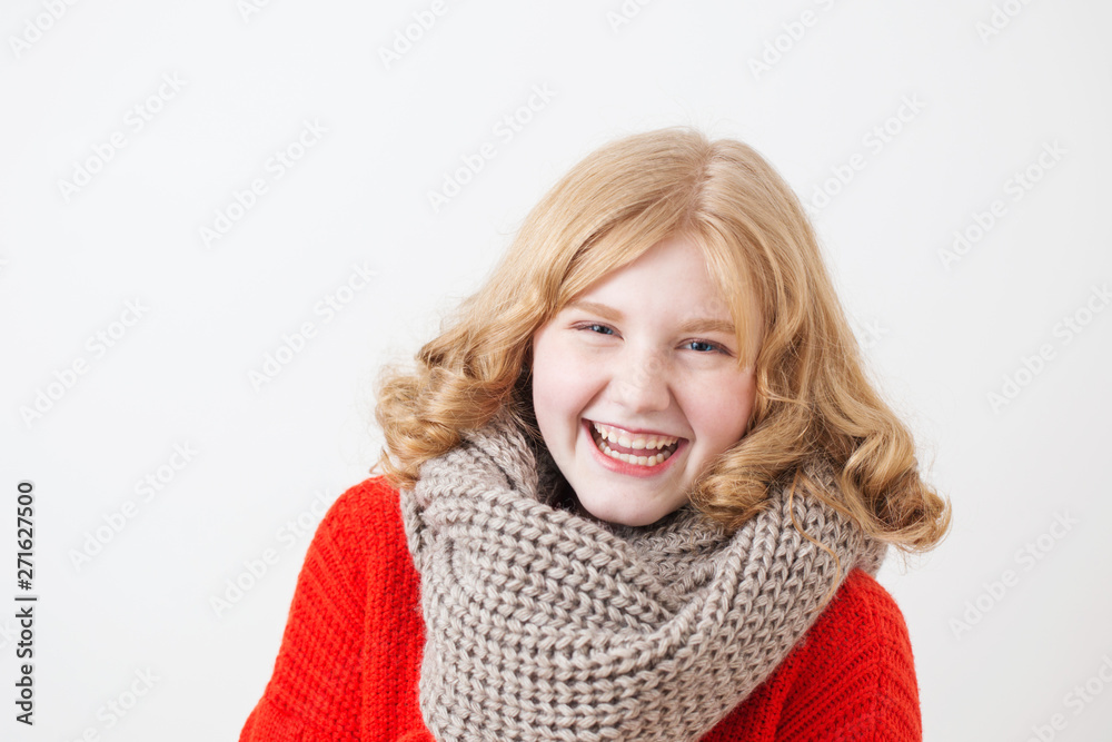 teen girl in red sweater on white background teen girl in red sweater on white background