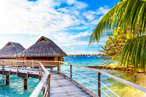 View of the bungalow on the sandy beach  Bora Bora  French Polynesia.
