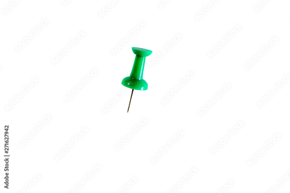 Green pin on isolated white paper background with copy space for adding word advertisement. Concept of collection planer work in business and reminder. Green pin on isolated white paper background with copy space for adding word advertisement. Concept of collection planer work in business and reminder.