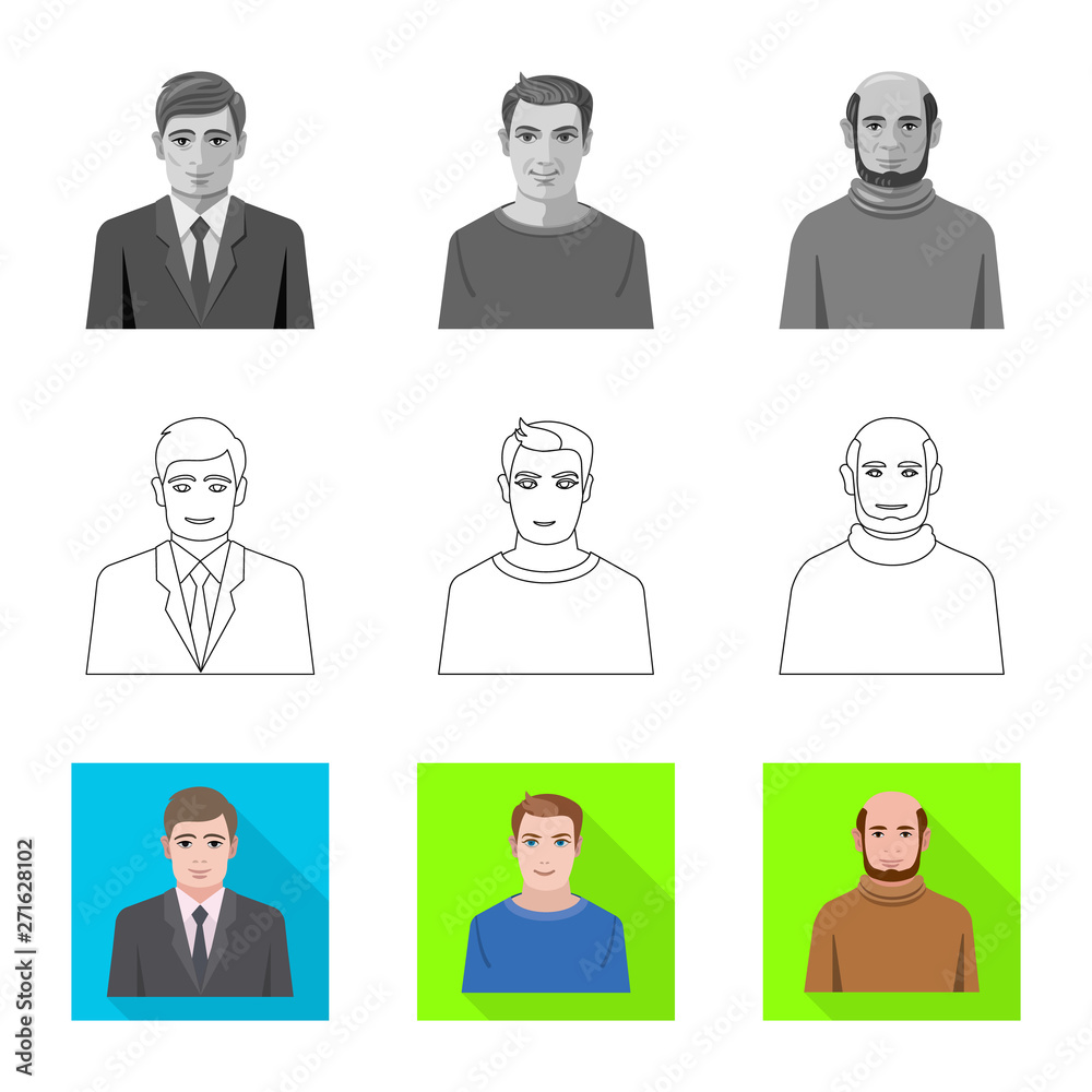 Vector illustration of hairstyle and profession sign. Set of hairstyle and character stock symbol for web. Vector illustration of hairstyle and profession sign. Set of hairstyle and character stock symbol for web.