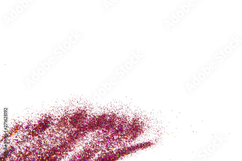 bright pink glitter isolated on white background. border frame, copy space photo